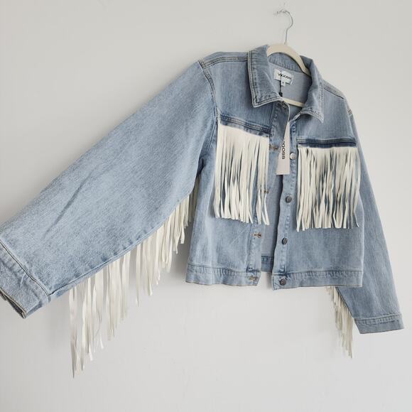 Vigoss Denim Jean Jacket Light Wash with White Fringe Size Medium - Picture 4 of 8